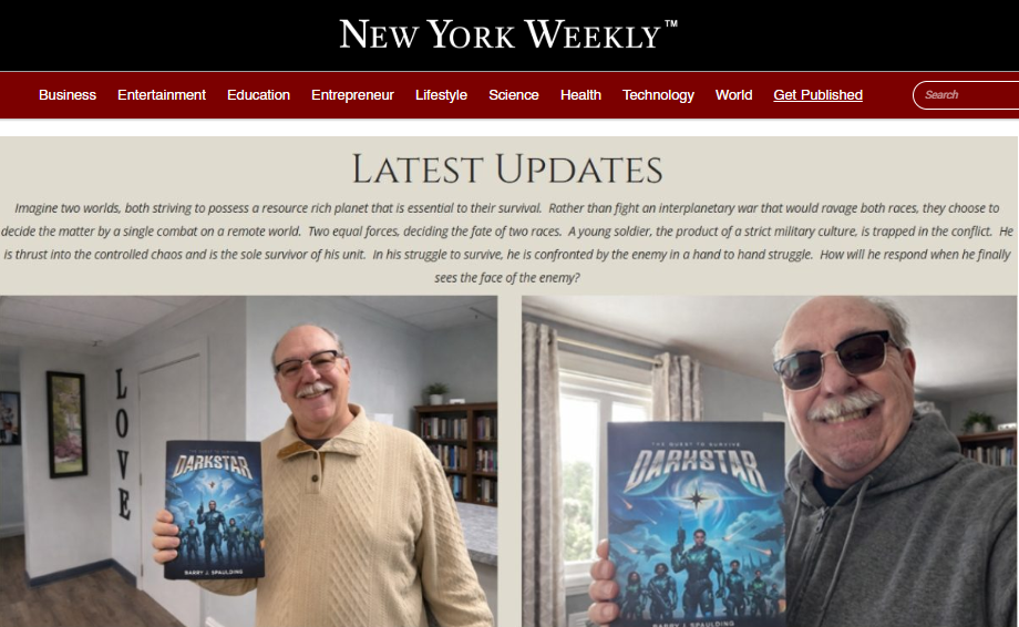 New York Weekly News feature of BJ Spaulding sci-fi novels and book covers.