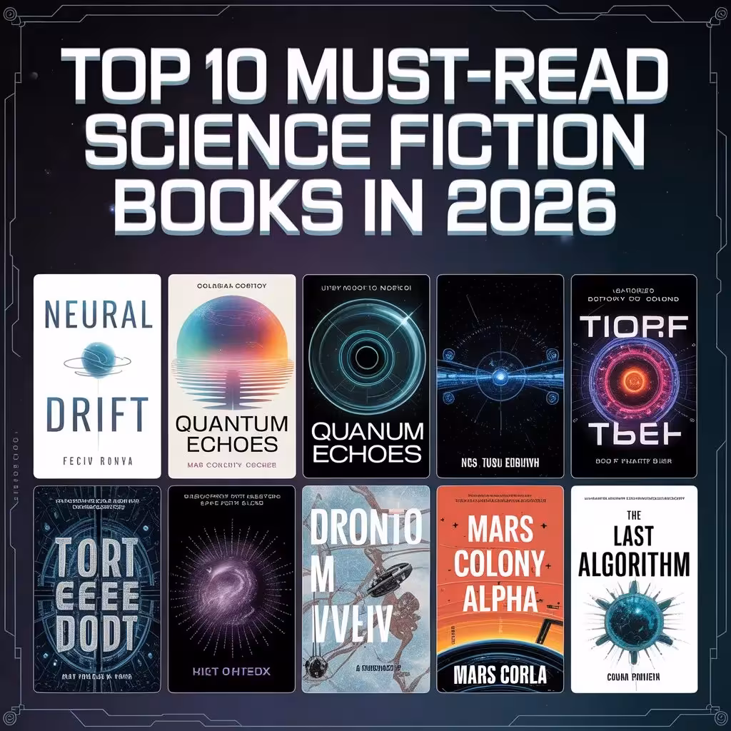Top 10 must-read science fiction books in 2026 featuring futuristic covers with planets and tech themes