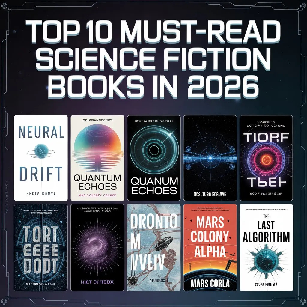 Top 10 must-read science fiction books in 2026 featuring futuristic covers with planets and tech themes
