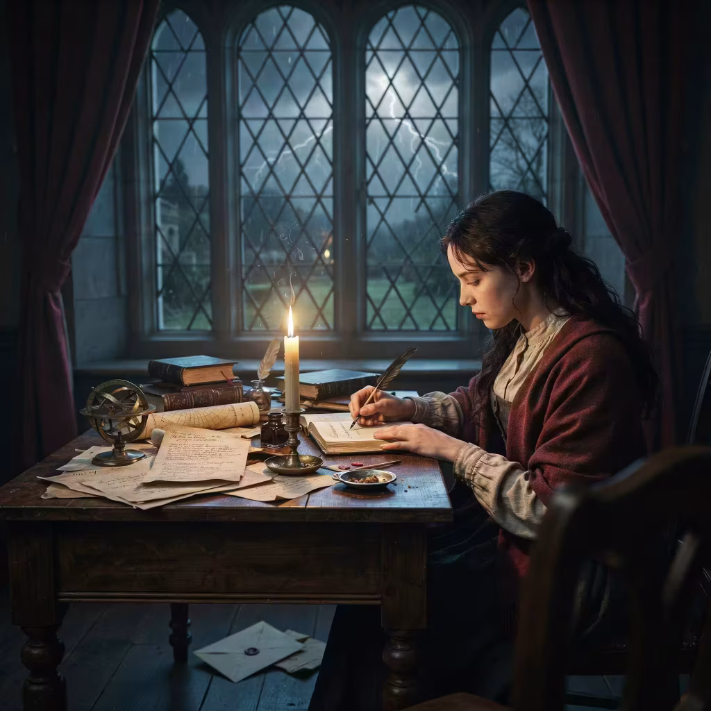 Mary Shelley writing Frankenstein by candlelight in 1818, the first science fiction book.