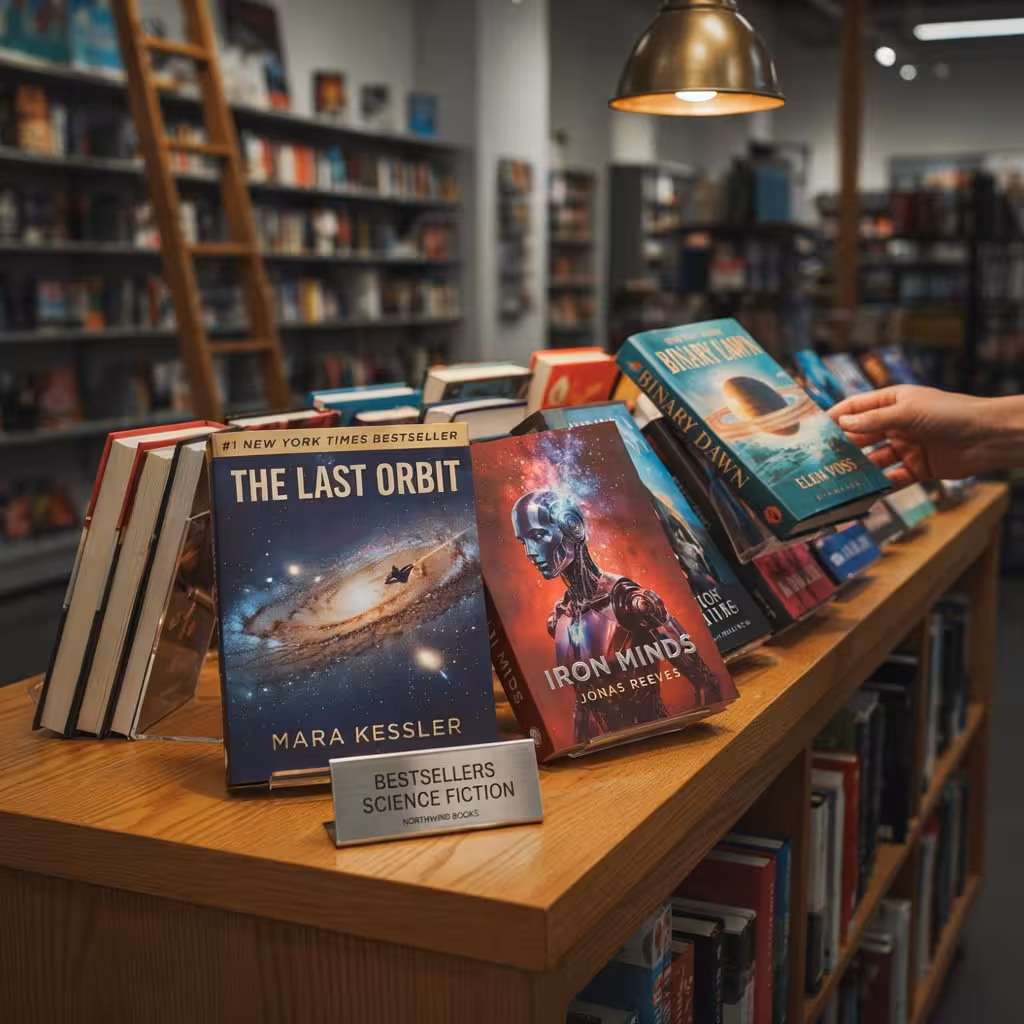 Best Selling Science Fiction Books displayed in a futuristic bookstore