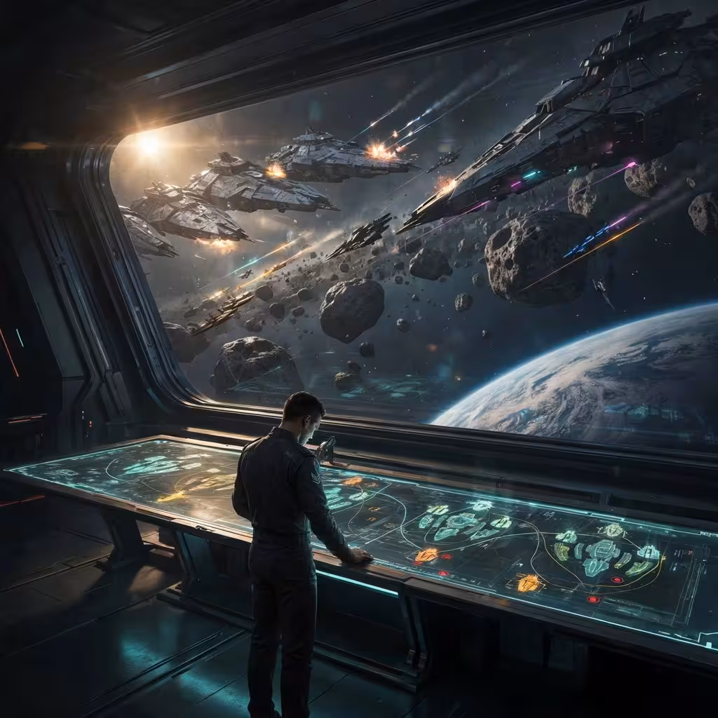 Tactical battles in sci-fi novels showing strategic starships and futuristic military commanders
