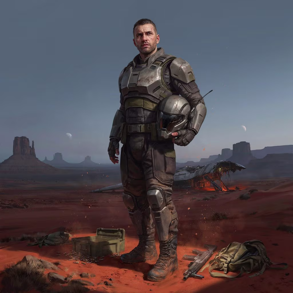 Great soldier character in futuristic armor on an alien battlefield