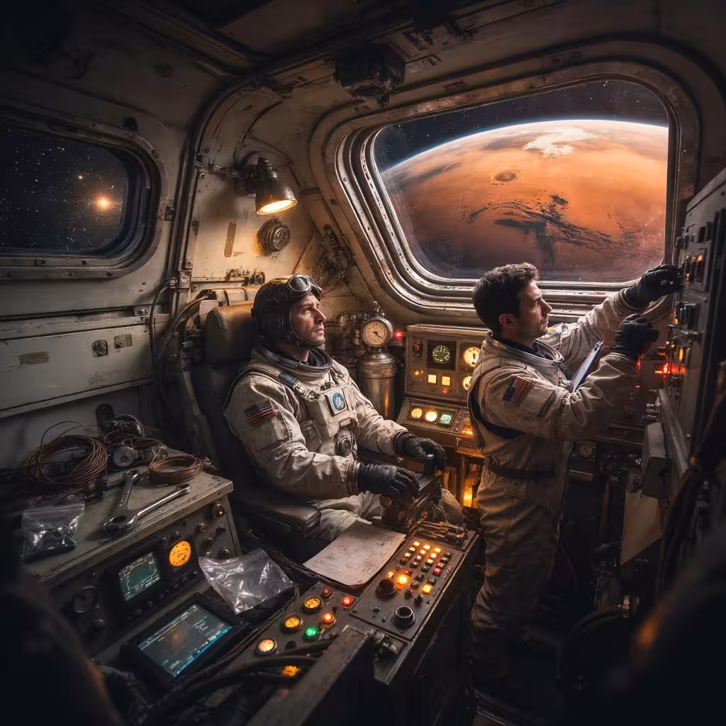 Hard sci-fi astronauts inside a realistic spacecraft approaching Mars
