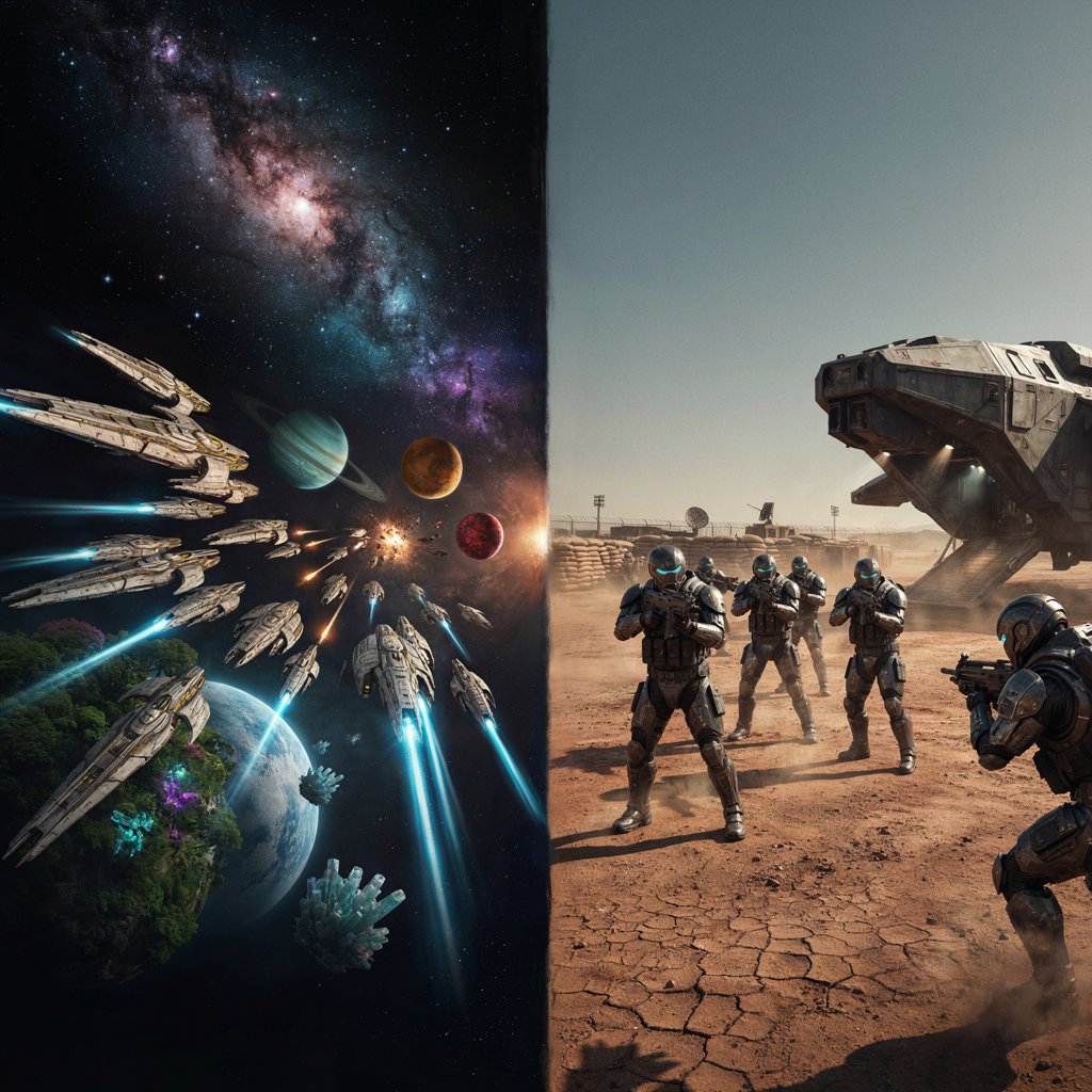 Space Opera vs Military Sci-Fi with starships, alien worlds, and futuristic soldiers