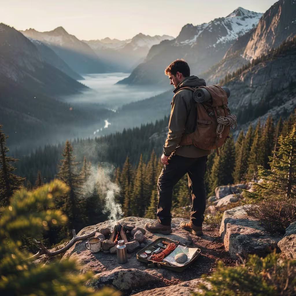 Survival fiction scene with a backpacker facing a rugged mountain wilderness