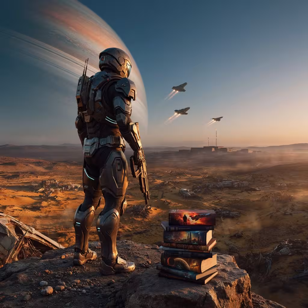 hort military sci-fi books featuring a futuristic armored soldier, spaceships, and an alien battlefield.